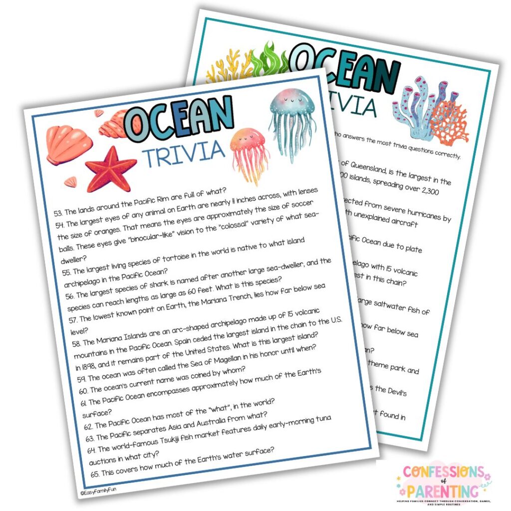 Two Ocean Trivia printable sheets with sea creatures, shells, and ocean-themed questions displayed on overlapping pages.