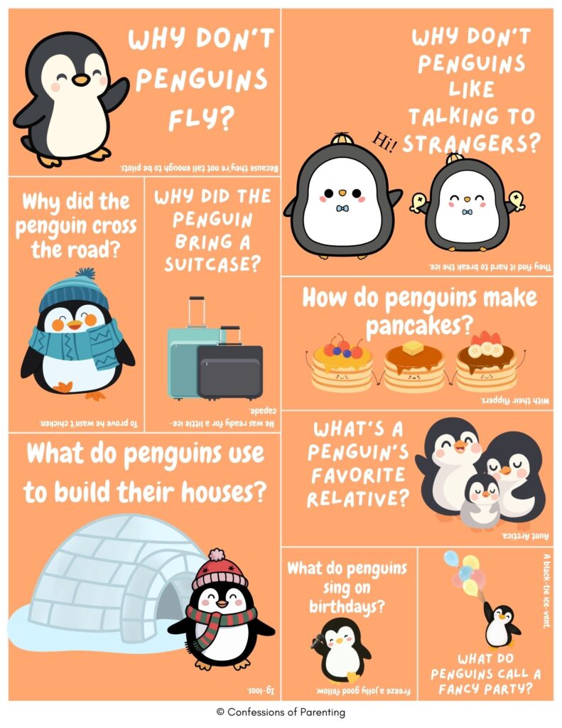 Cute penguin jokes collage with cartoon penguins, igloo, pancakes, and suitcase, sharing funny penguin joke questions on an orange background for kids and families.