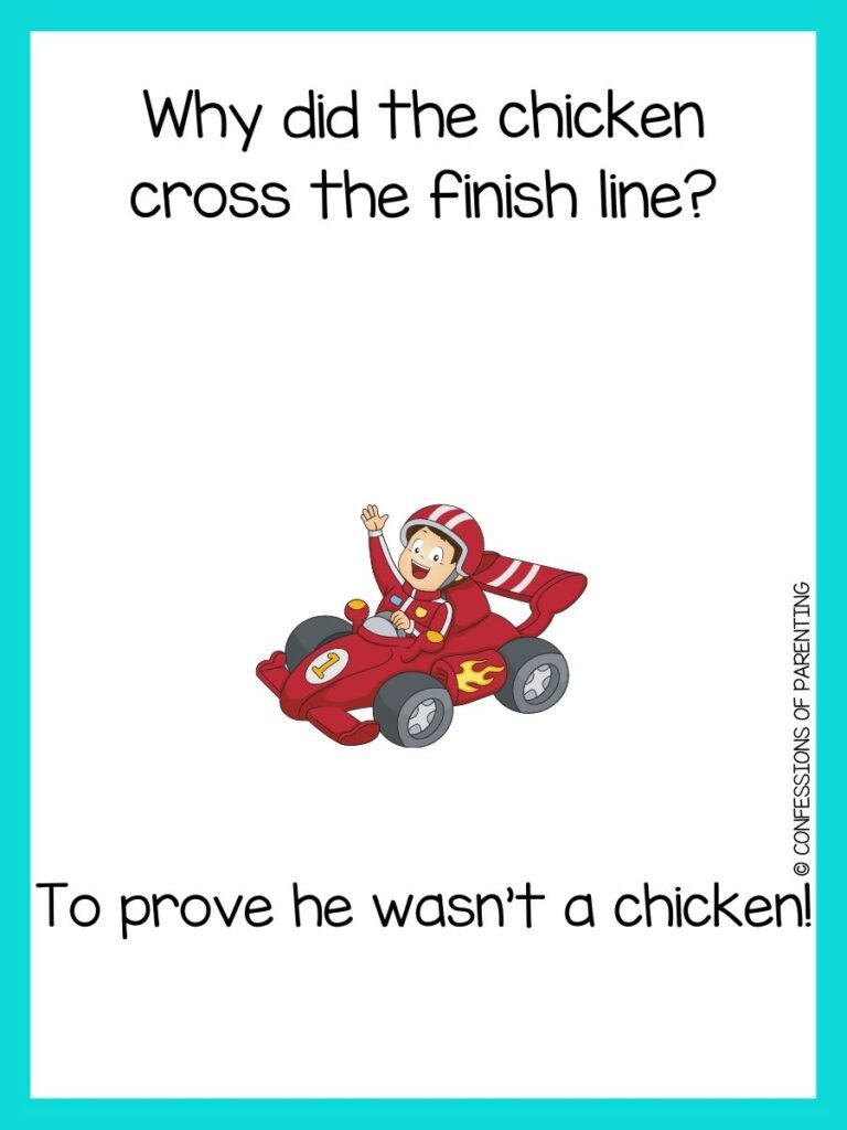 in post image with white background, teal border, text of racing jokes and an image of a red car with a number 1 on it