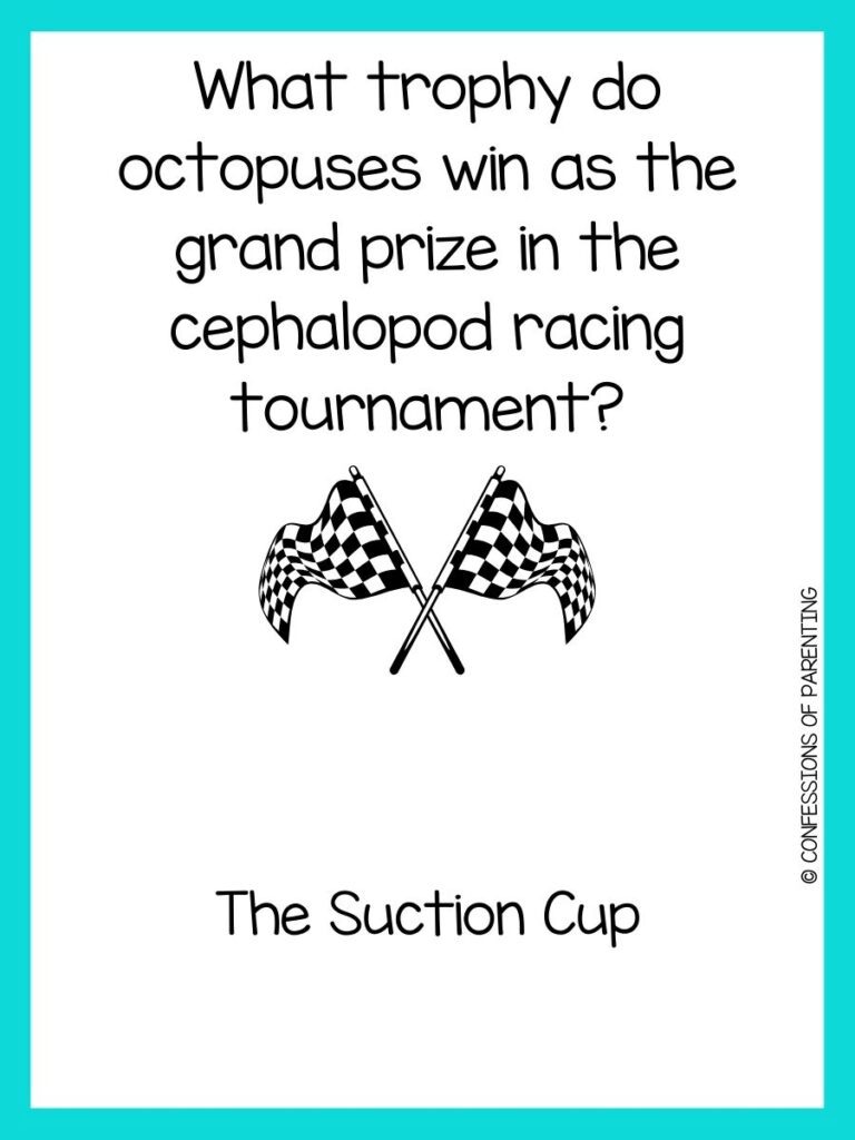 in post image with white background, teal border, text of racing jokes and an image of a 2 checkered flags