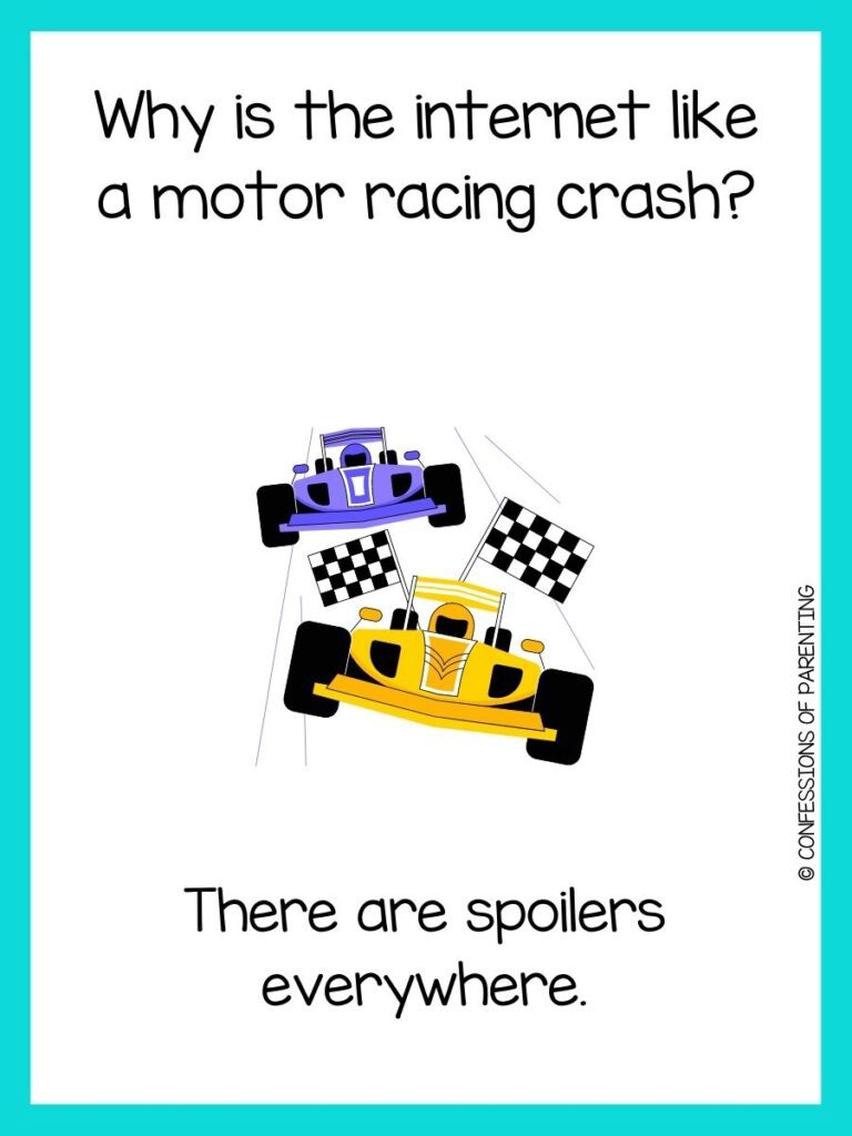 in post image with white background, teal border, text of racing jokes and an image of a yellow and purple car