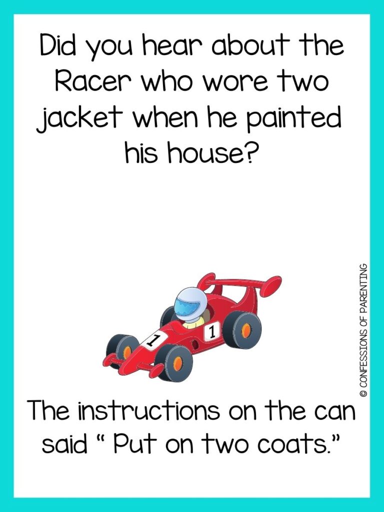 in post image with white background, teal border, text of racing jokes and an image of a red car with a number 1 on it
