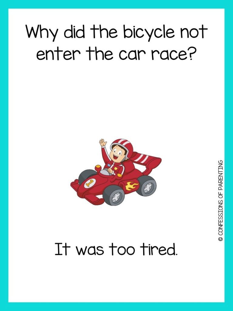 in post image with white background, teal border, text of racing jokes and an image of a kid sitting in a car