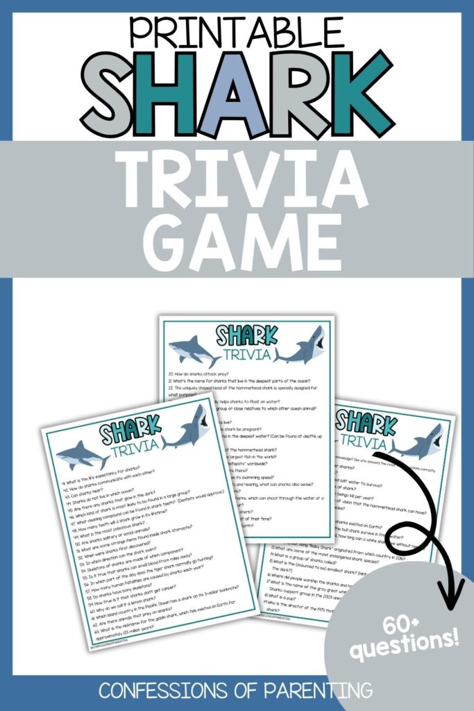 Printable Shark Trivia Game cover featuring multiple quiz sheets, shark graphics, and a “70+ questions” badge.
