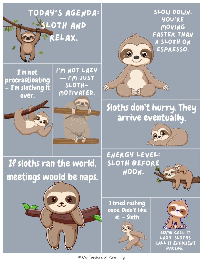 Cute sloth puns collage showing cartoon sloths hanging, relaxing, and napping with funny slow-paced sloth jokes about laziness and taking life easy.