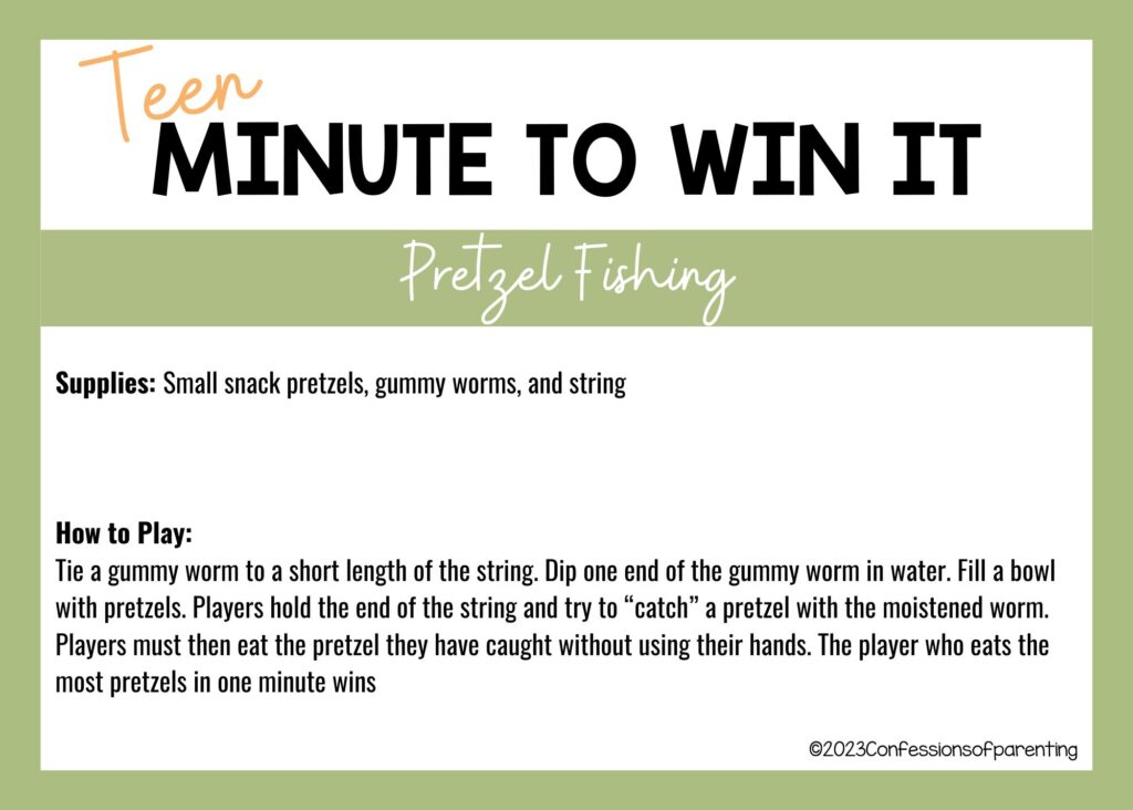 in post image with white background, green border, title that says "Teen Minute to Win It", and name and instructions for Pretzel Fishing