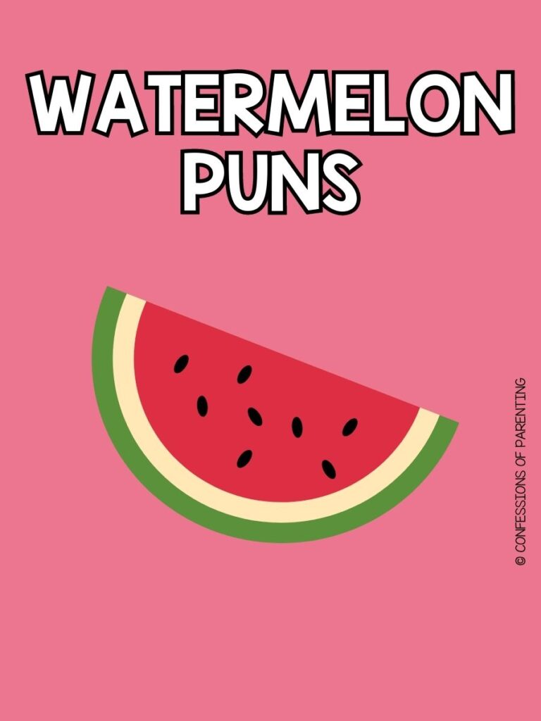 featured image with pink background, bold white title that says "Watermelon Puns" and image of watermelon