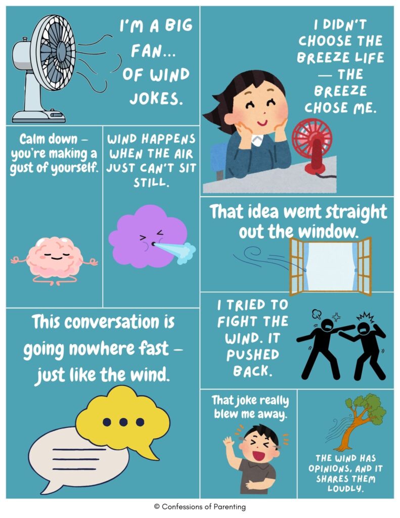 Wind puns collage showing cartoon fan, blowing cloud, window, and trees with funny wind jokes about breezes, gusts, and air blowing things away.