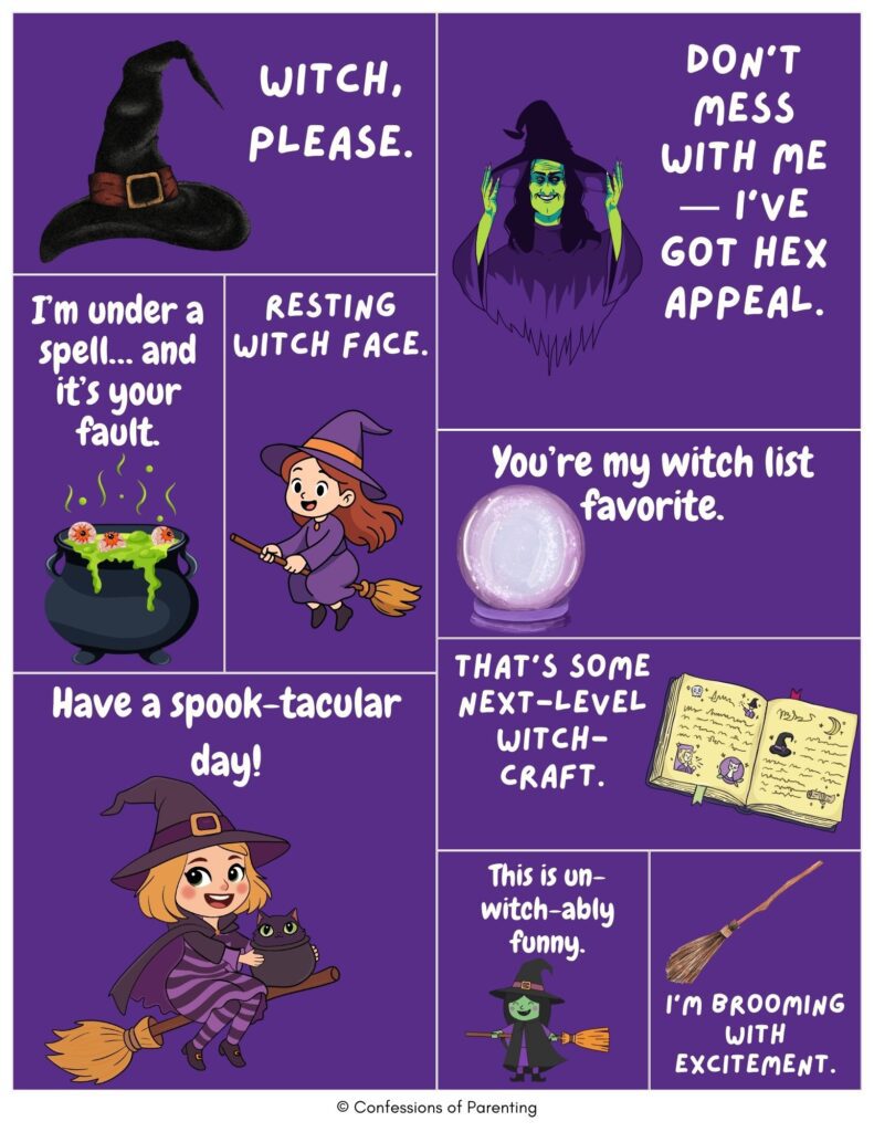Witch puns collage with witches, broom, spell book, cauldron, and crystal ball, featuring funny witch jokes and Halloween-themed wordplay on a purple background.