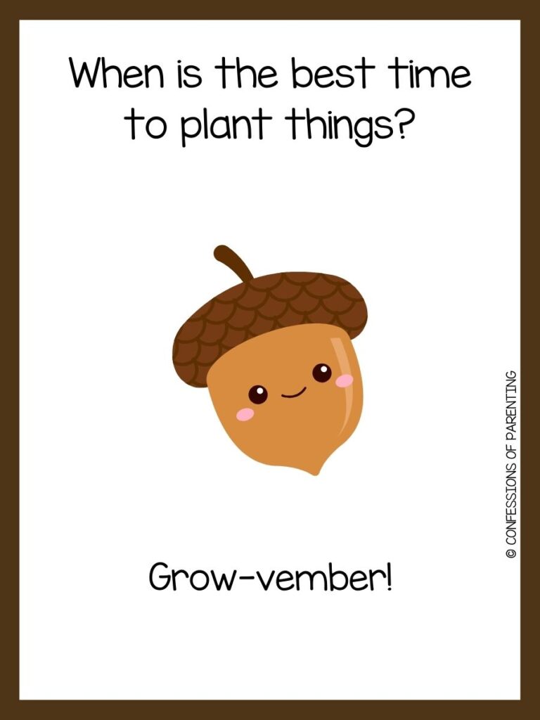 white background, brown border, saying November jokes with a cute acorn image
