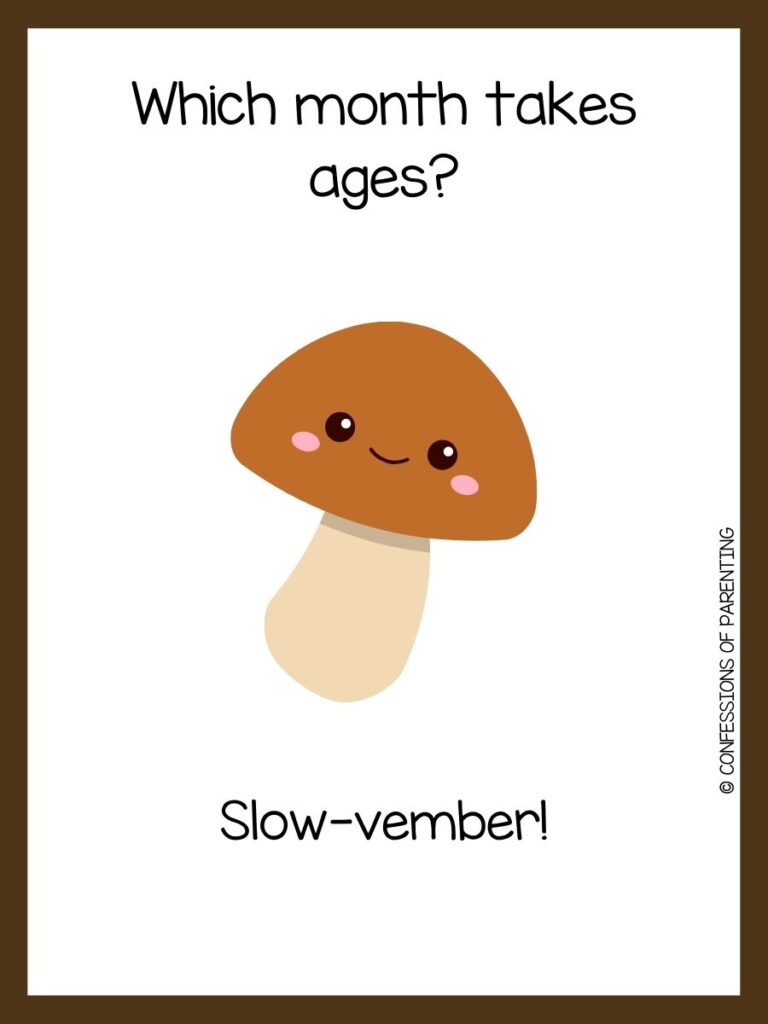 white background, brown border, saying November jokes with an image of  adorable brown mushroom
