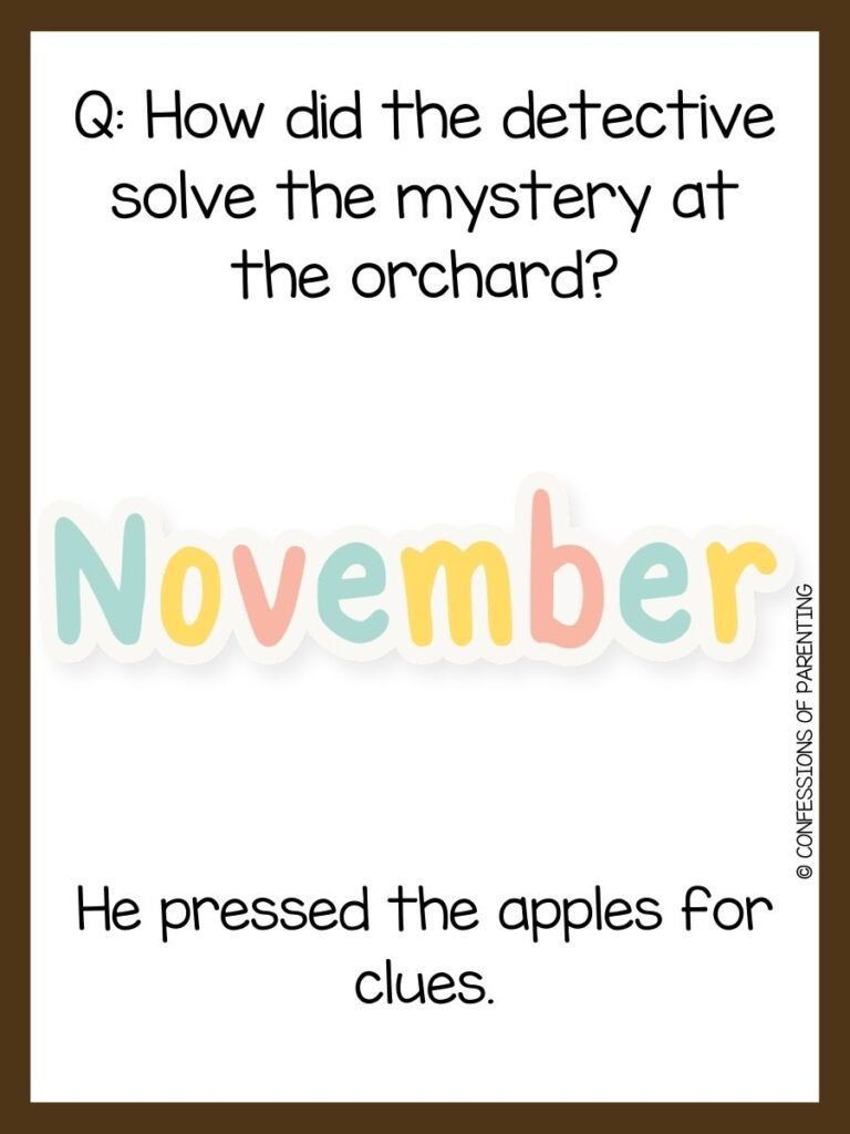 white background, brown border, saying November jokes with a picture text colorful November 
