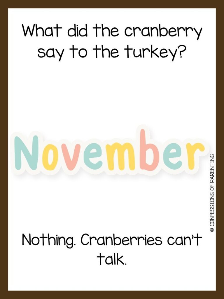 white background, brown border, saying November jokes with a picture text colorful November 