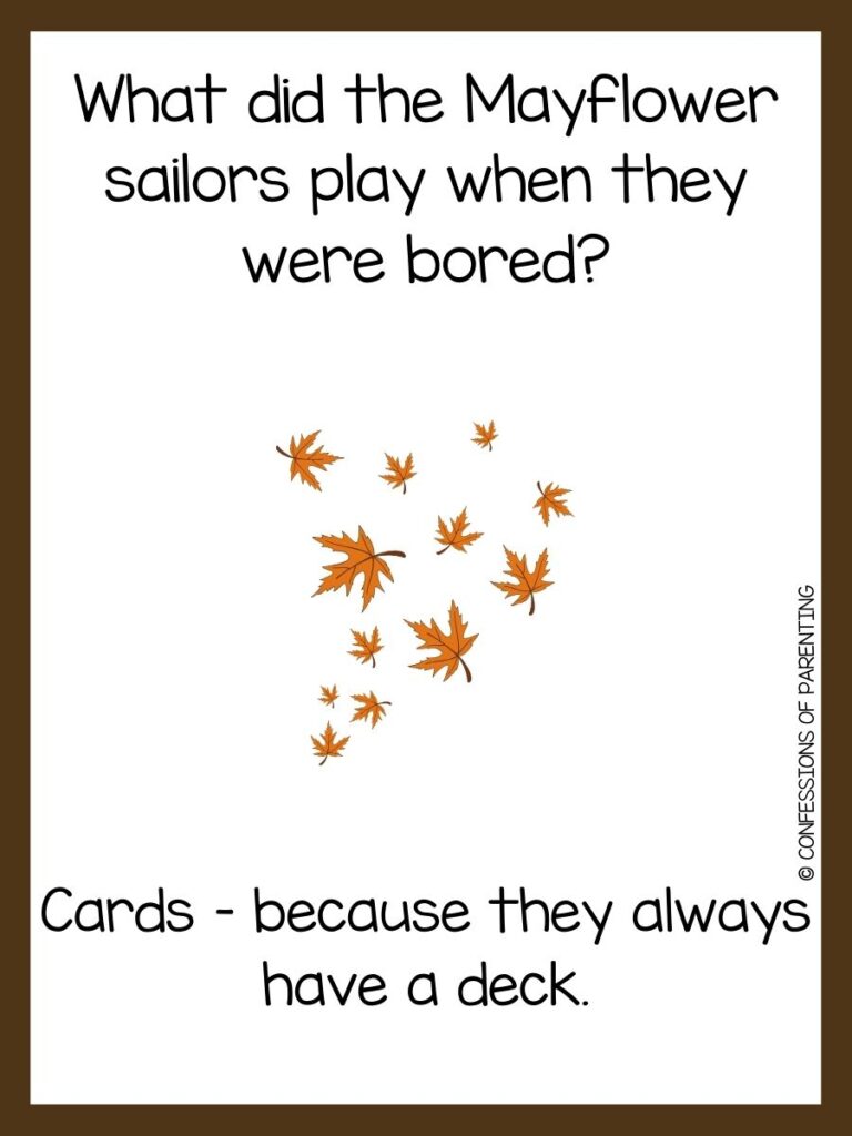 white background, brown border, saying November jokes with a falling brown leaves
