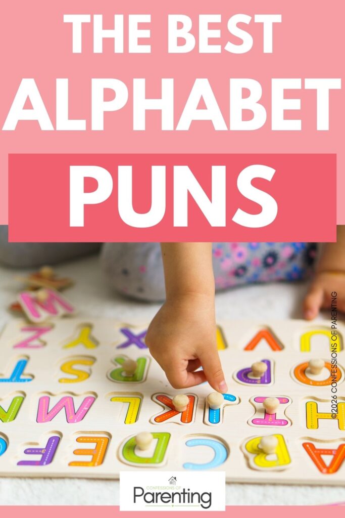 Alphabet puns cover showing child playing with wooden alphabet puzzle. Text reads “The Best Alphabet Puns”