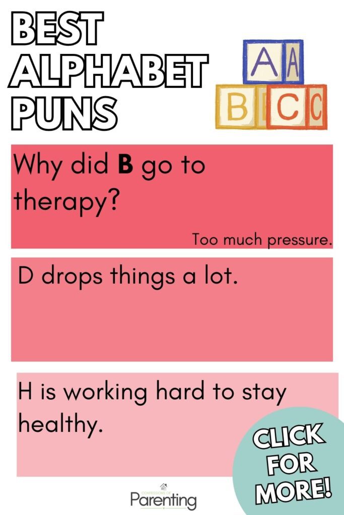 Alphabet puns preview featuring letter jokes like B therapy and H staying healthy. Bright educational theme with click for more badge.