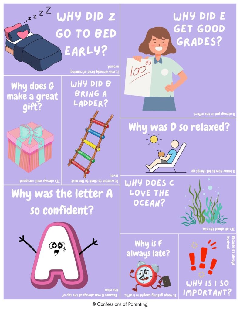 Alphabet puns grid with cute letter jokes like A being confident and B needing therapy. Colorful illustrations and kid-friendly humor.