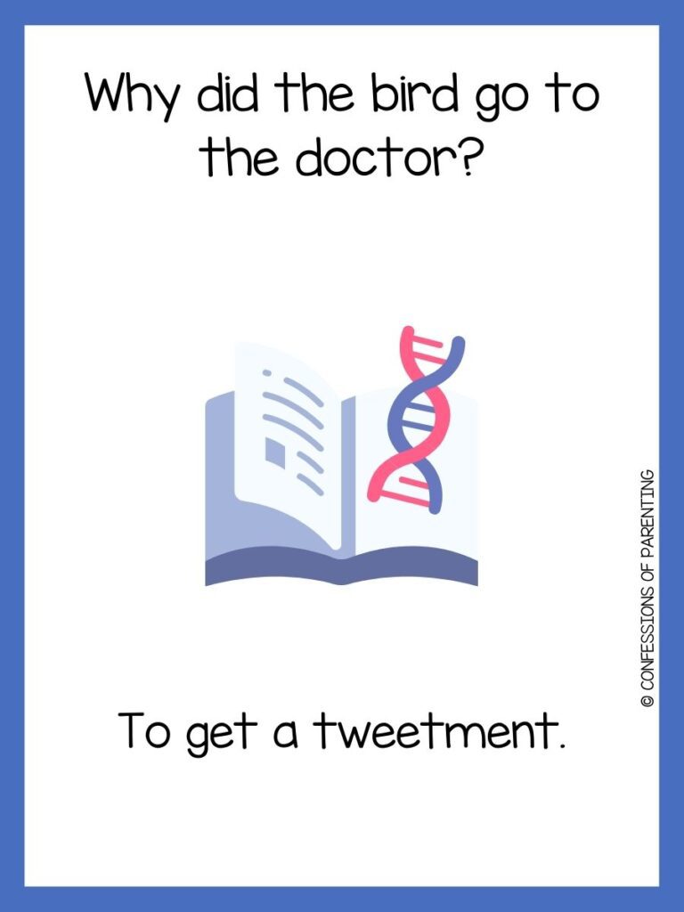 in post image with white background, blue border, title that says "biology jokes", text of a biology joke, and an image of a book and red and blue DNA strand
