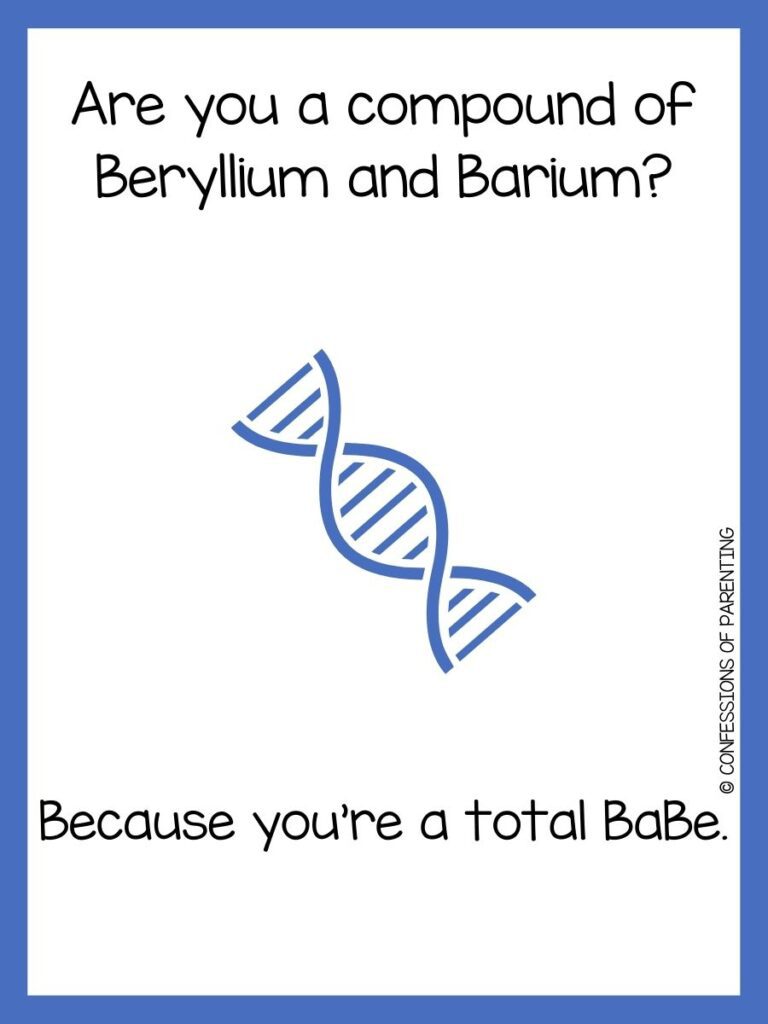 in post image with white background, blue border, title that says "biology jokes", text of a biology joke, and an image of a color blue DNA strand
