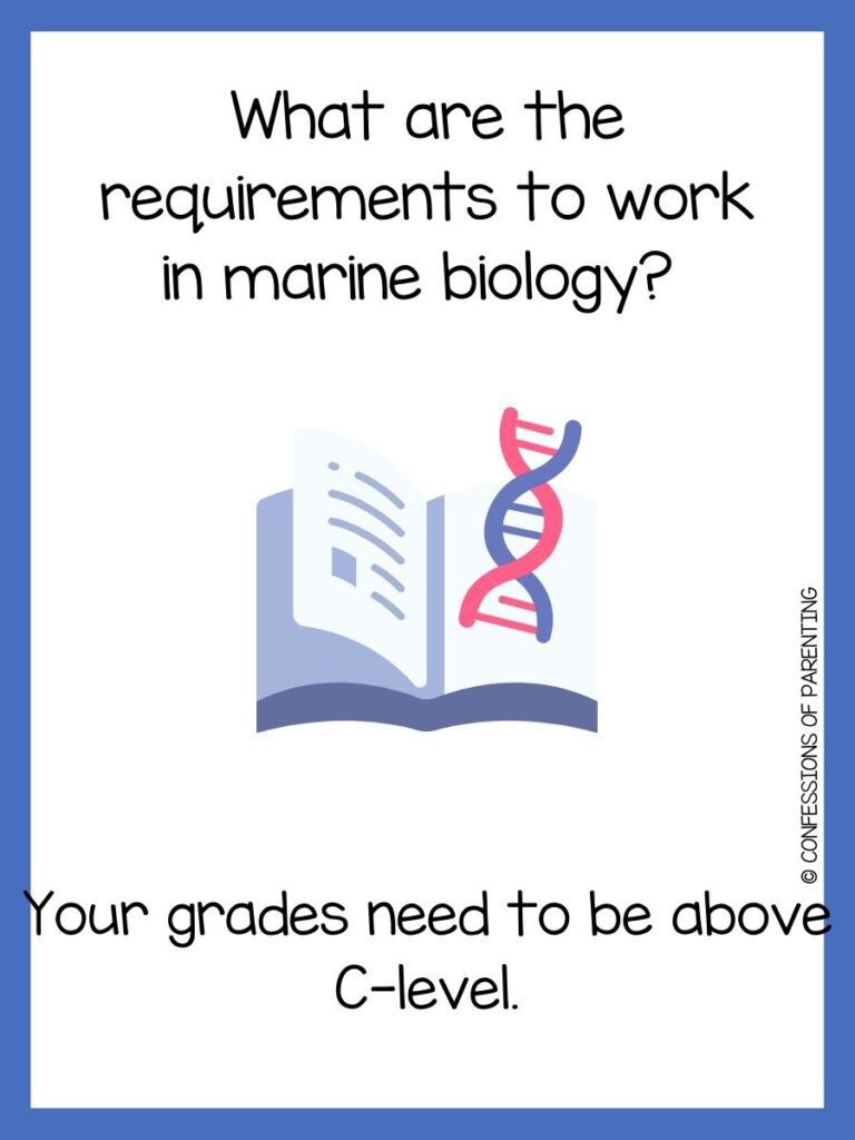 in post image with white background, blue border, title that says "biology jokes", text of a biology joke, and an image of a book and red and blue DNA strand
