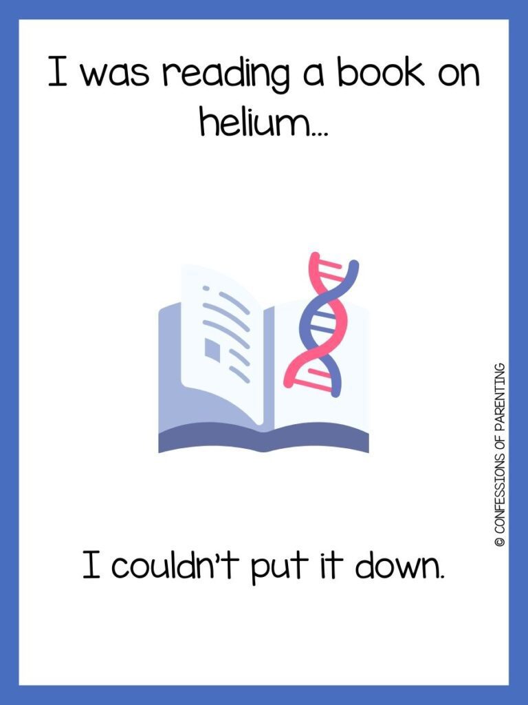 in post image with white background, blue border, title that says "biology jokes", text of a biology joke, and an image of a book and red and blue DNA strand
