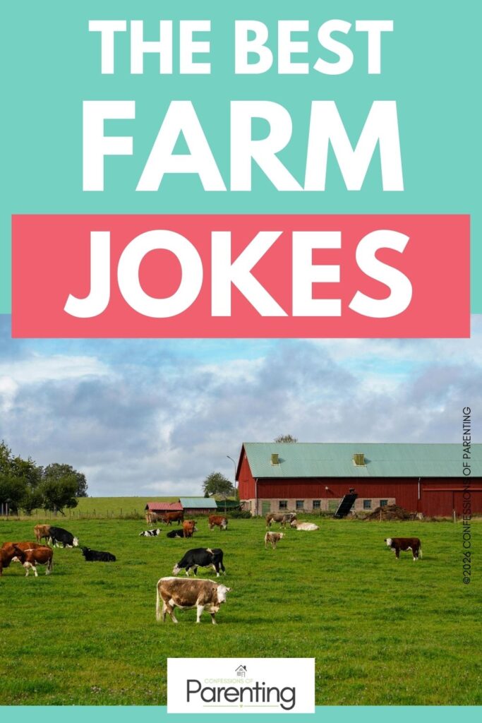 Cows grazing in a green field near a red barn under a cloudy sky with text “The Best Farm Jokes”
