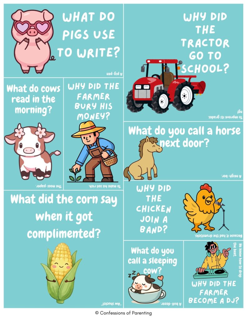 Cute farm animals and farmer cartoon with jokes about pigs writing, tractors going to school, corn compliments, and chickens joining bands.