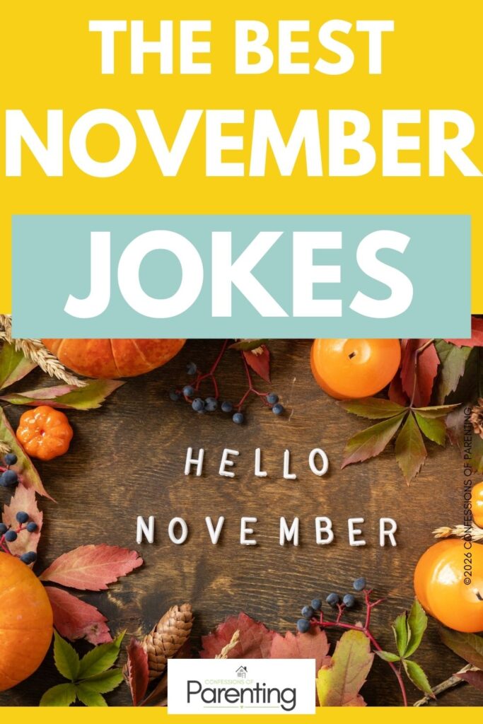 November jokes printable featuring fall leaves, pumpkins, and candles on a wooden background with “Hello November” text a
