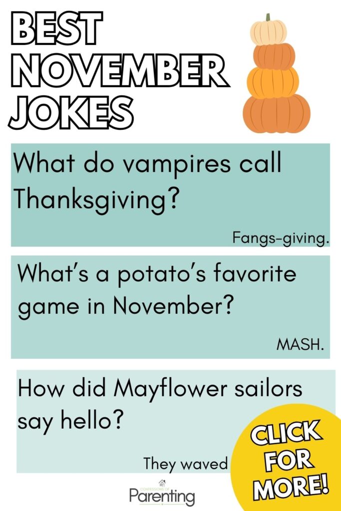November jokes printable with Thanksgiving humor including vampire, potato, and Mayflower jokes, pumpkin graphics, and click for more call-to-action design.