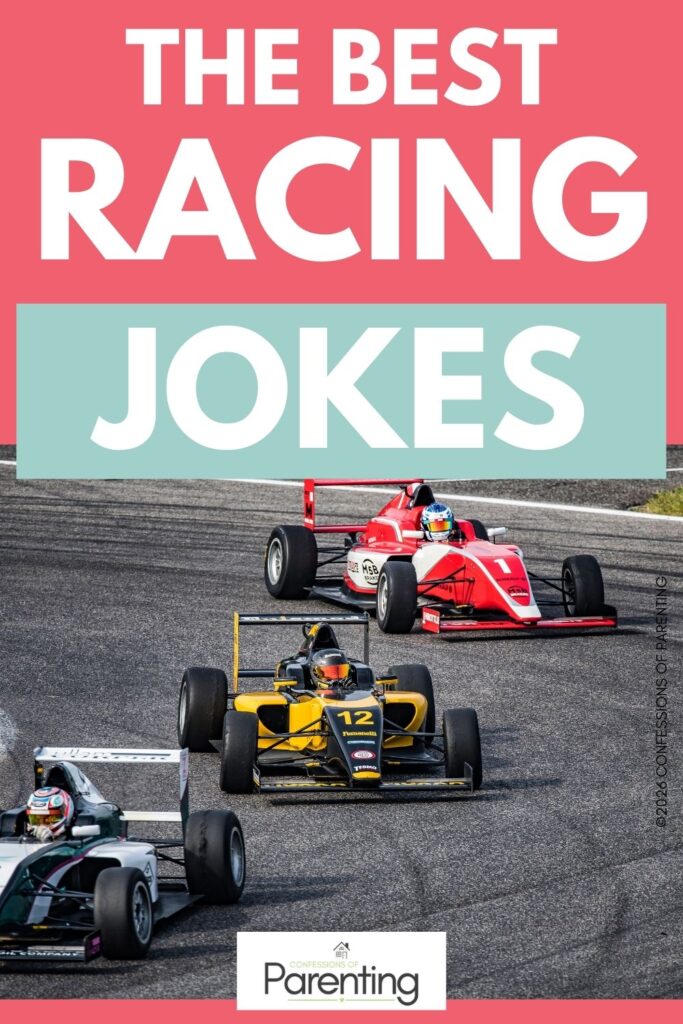 Best racing jokes graphic showing funny race car jokes about traffic, math, and school, with red race car illustration and click for more button at bottom.