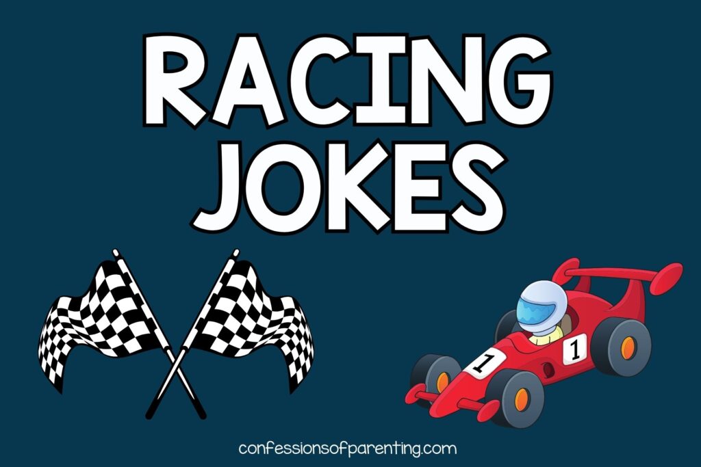 Race cars driving fast on a racetrack with bold text reading “The Best Racing Jokes”