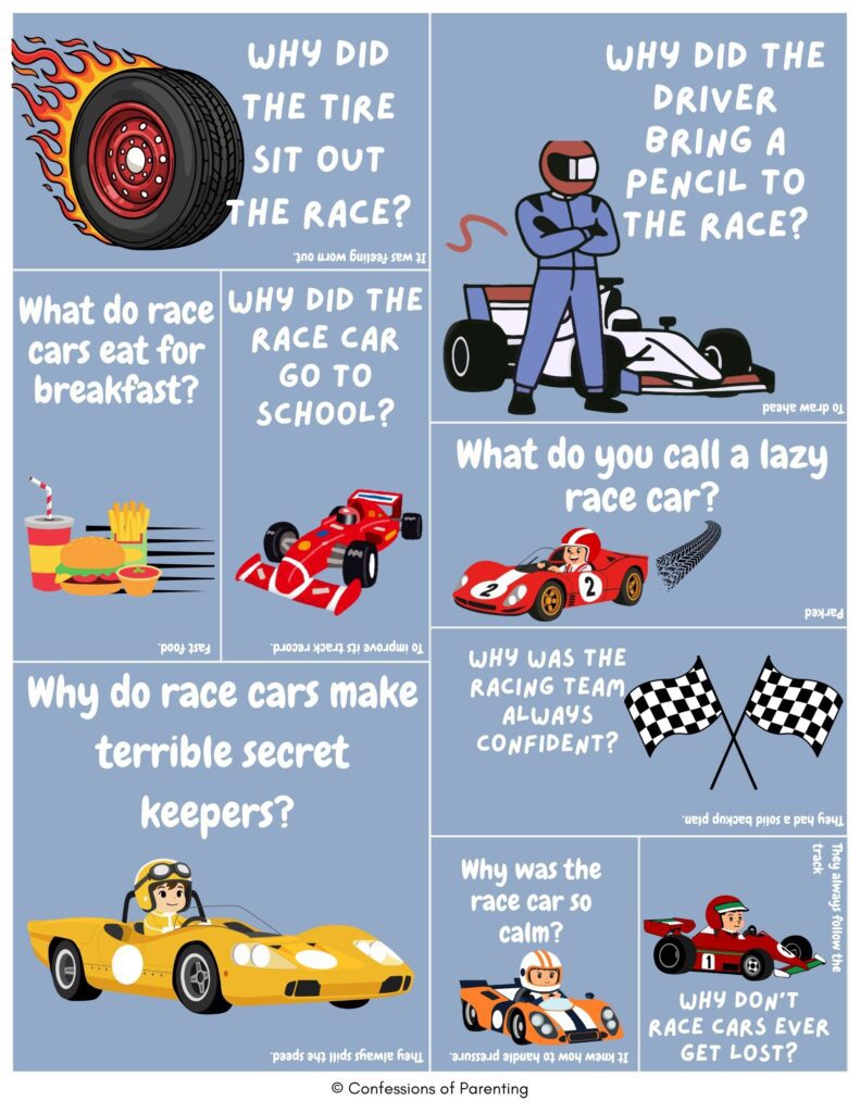 Grid of kid-friendly racing jokes with cartoon race cars, drivers, tire, and flags, featuring funny racing puns, questions, and answers for kids and families.