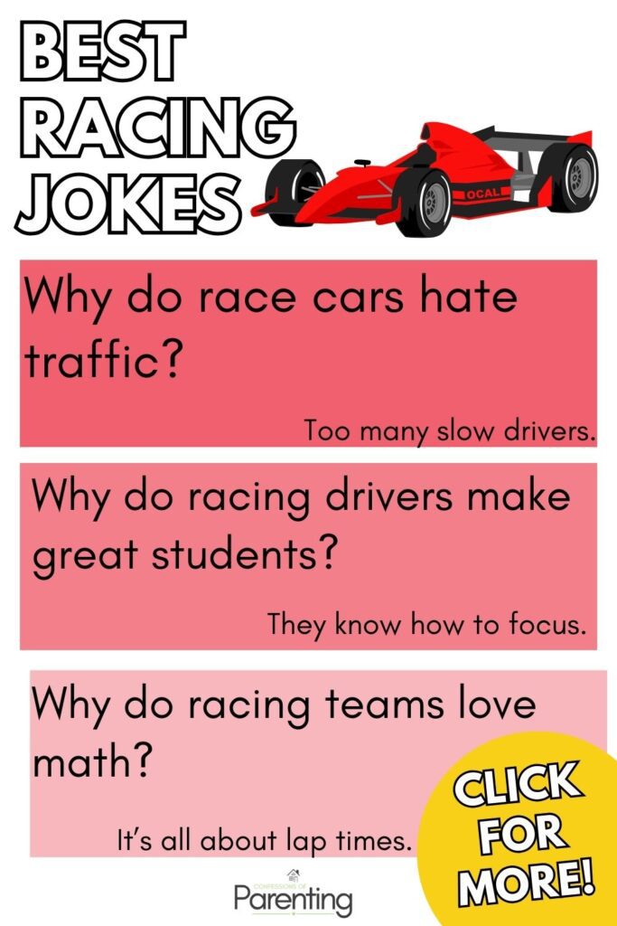 Grid of racing joke illustrations including race cars, tires, drivers, and flags with kid-friendly racing puns and funny questions and answers for kids.