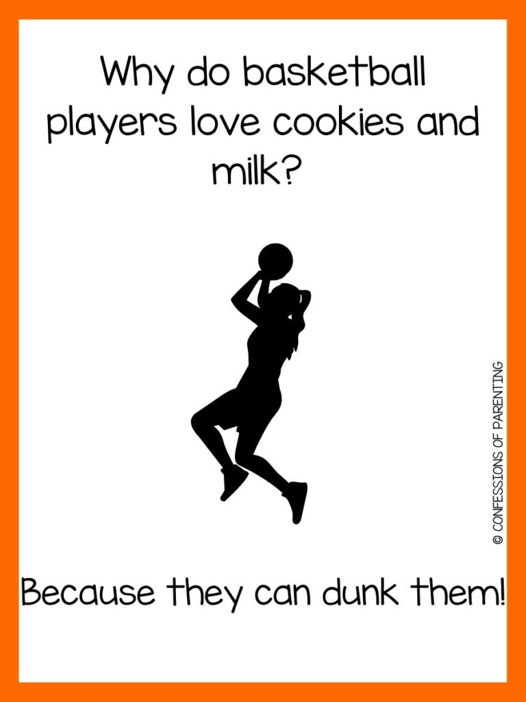 in post image with white background, orange border, text of a joke about basketball, and an image of  a woman black silhoutte basketball shooting
