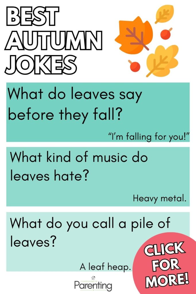 Autumn jokes pin with leaf illustrations and funny fall jokes, including leaf puns and seasonal humor,