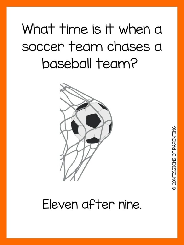 in post image with white background, orange border, text of a joke about soccer, and an image of a soccer in net
