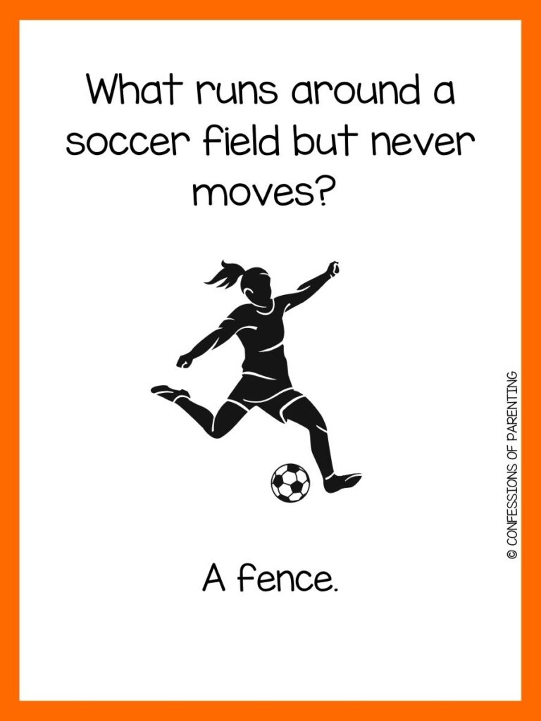 in post image with white background, orange border, text of a joke about soccer, and an image of a female playing soccer silhouette
