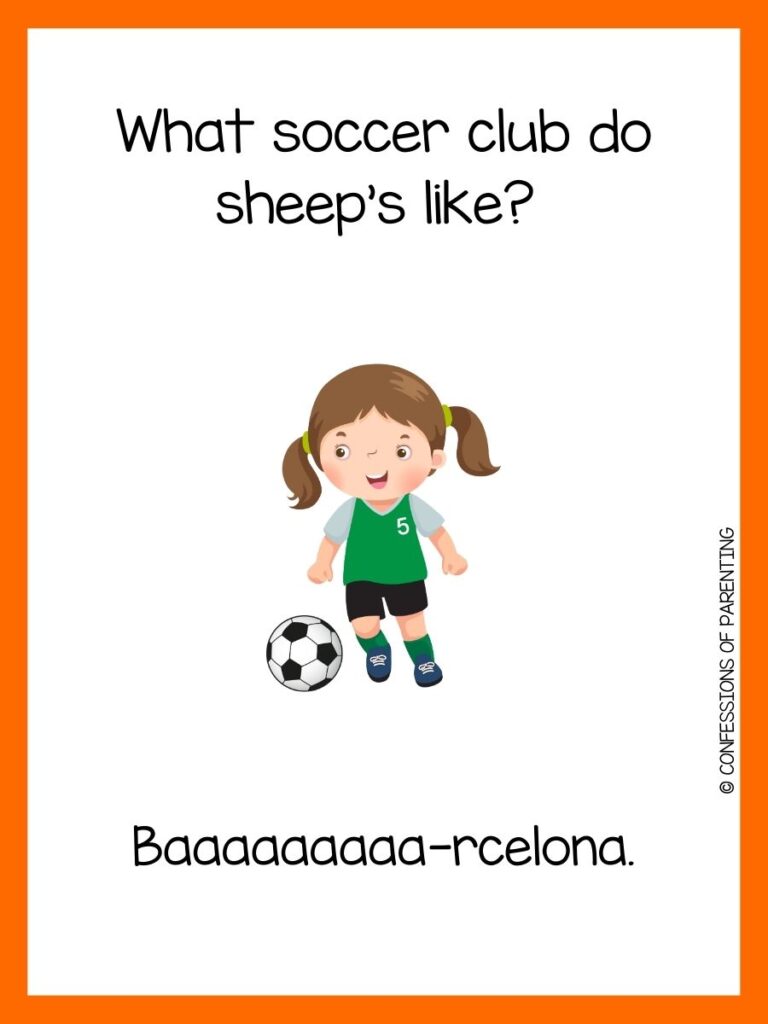 in post image with white background, orange border, text of a joke about soccer, and an image of a little girl playing soccer
