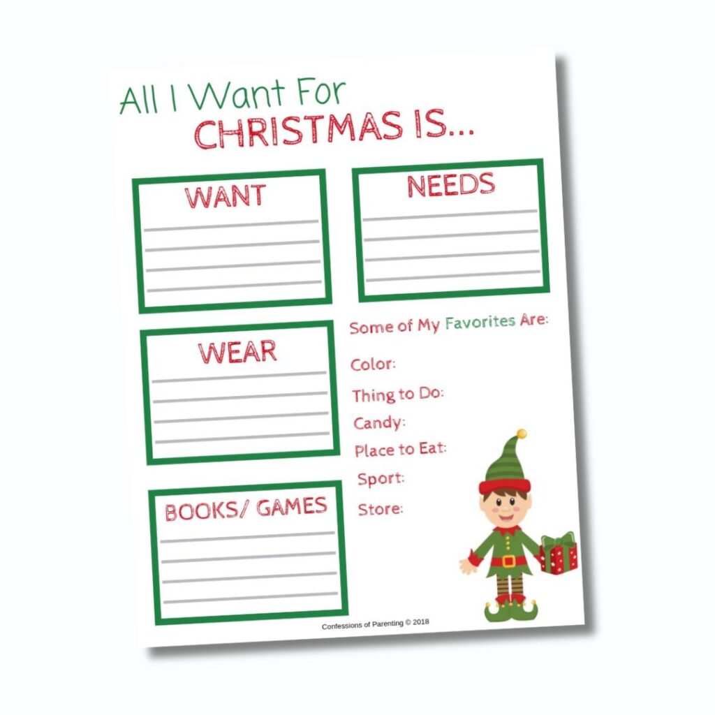 Christmas Wish List for Kids printable on white background