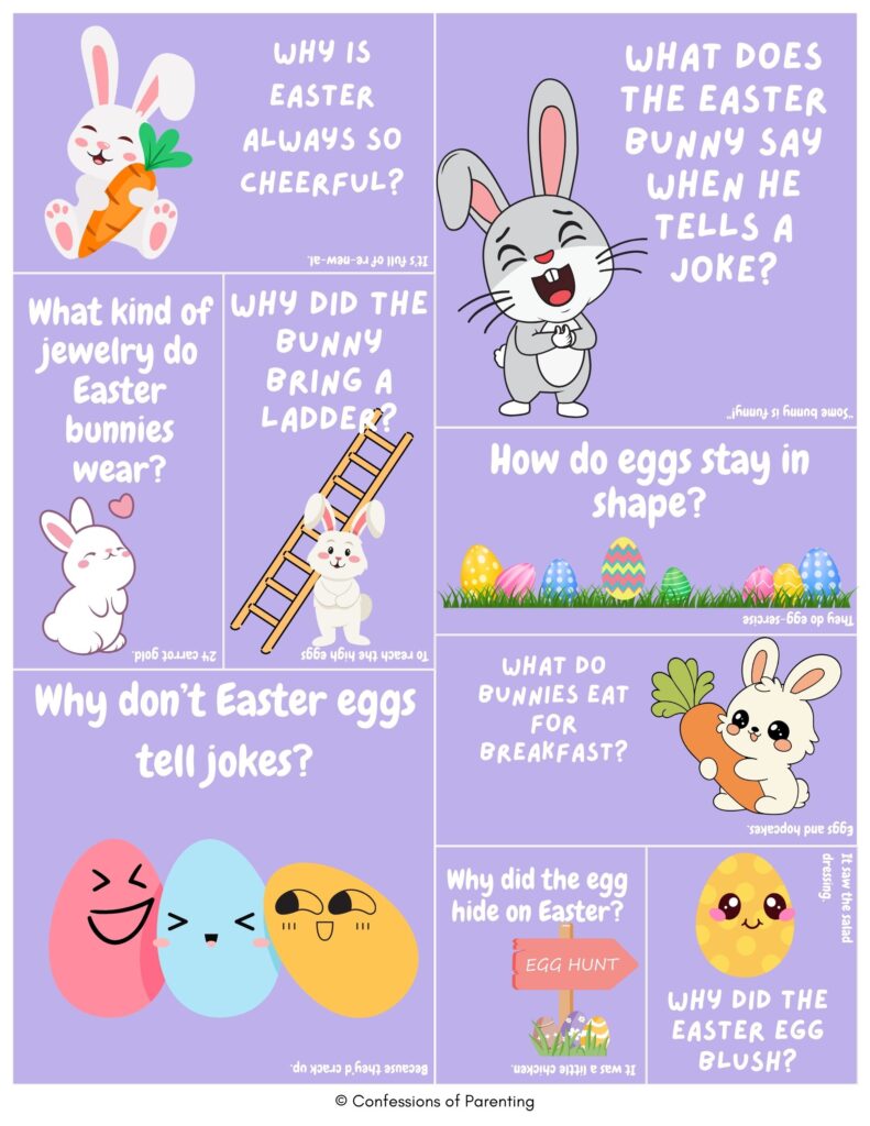 Cartoon Easter jokes collage with Easter bunny, colorful eggs, carrots, and ladder showing funny Easter puns and holiday humor on purple background