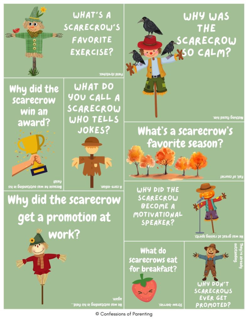Cartoon scarecrow jokes collage with scarecrows, crows, trophy, and fall trees showing funny scarecrow puns and autumn humor on green background
