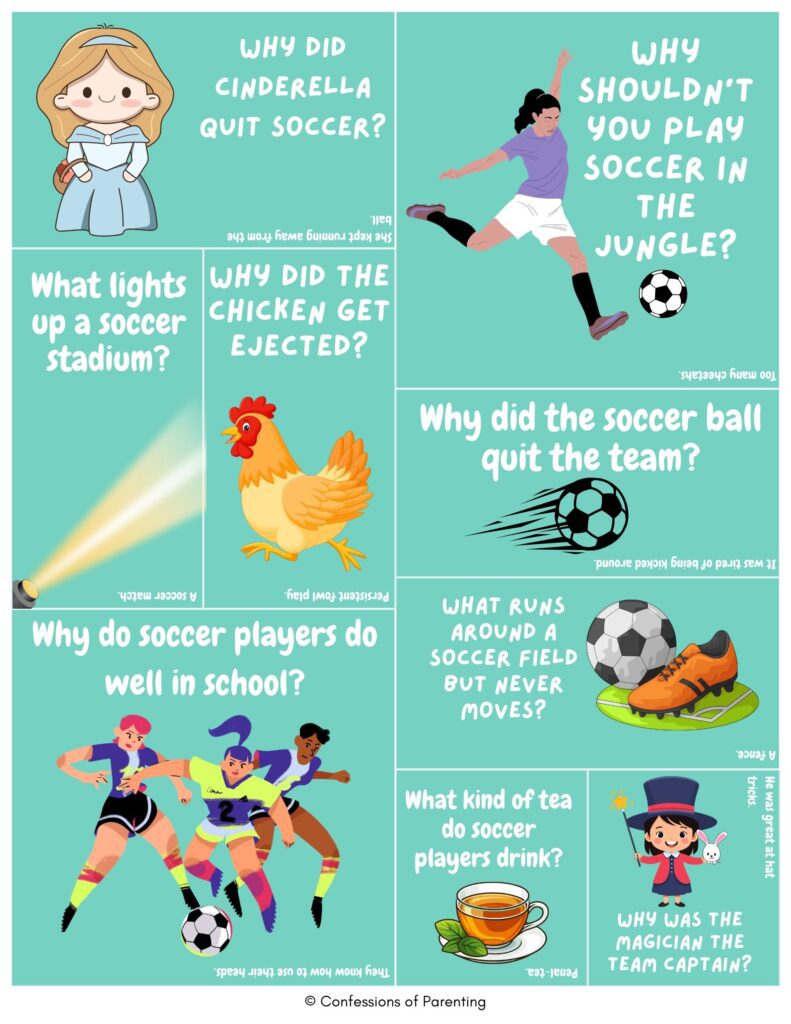 Cartoon soccer jokes collage with soccer players, ball, chicken referee, and magician showing funny soccer puns and sports humor on teal background