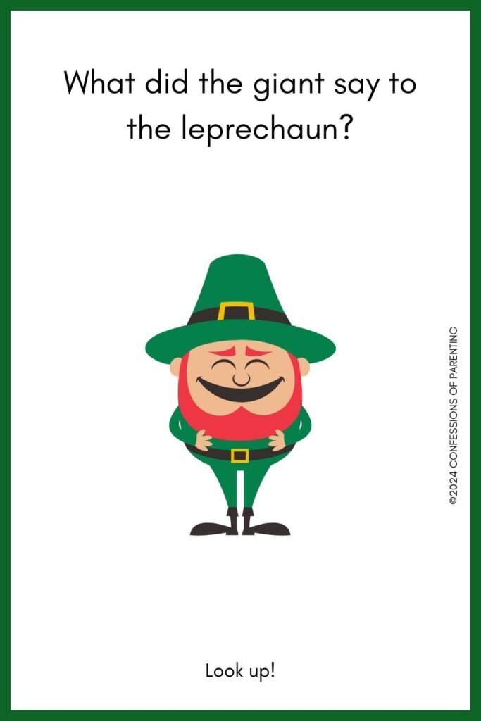 white background with green border and cartoon image of leprechaun laughing with leprechaun joke and answer in black text