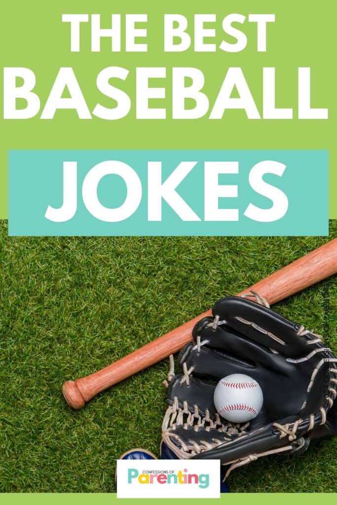 white text saying the best baseball jokes, green background and an images of a baseball glove, bat and ball