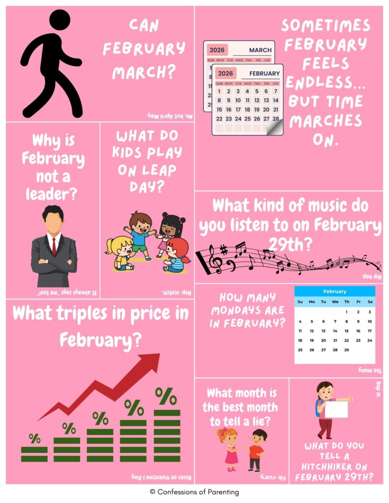 Cartoon February jokes collage with calendar, kids, music notes, and graph showing funny February puns and winter month humor on pink background