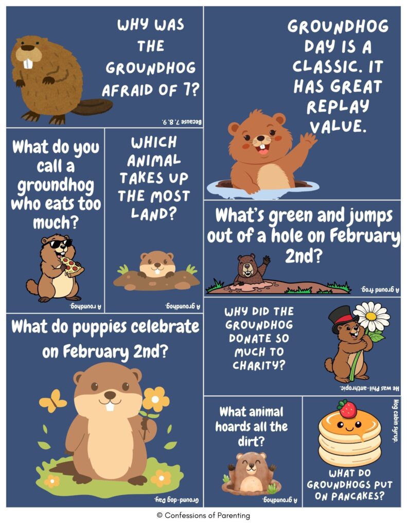 Cartoon groundhog jokes collage with groundhogs, hole, flowers, and pancakes showing funny Groundhog Day puns and animal humor on blue background