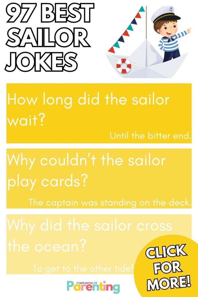 White text saying "97 sailor jokes" next to it is a graphic of a sailor in a boat. Underneath that are three yellow blocks with joke questions and answers in them.