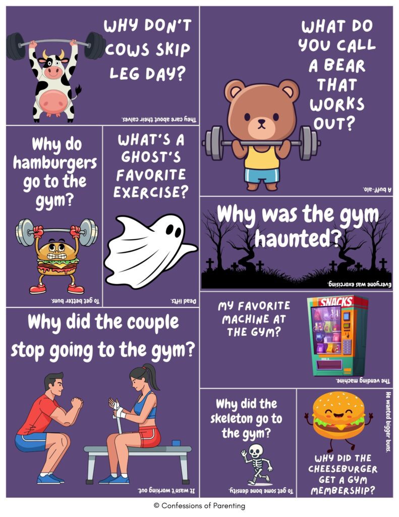 Cartoon workout jokes collage with bear lifting weights, cows, ghost, and gym scenes showing funny workout puns and fitness humor on purple background