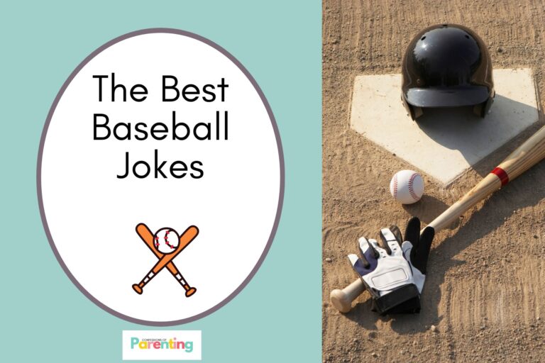 a black helment, bat, gloves and a baseball on a paper on half the image with a blue background on the left with a white oval with a brown border with a image of a baseball bat and ball and brown writing "the baseball jokes"