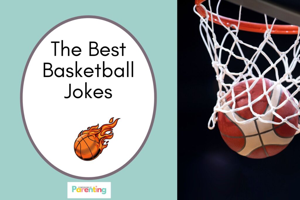 a hoop and a ball on a ball on half the image with a blue background on the left with a white oval with a brown border with a image of a ball in flame and brown writing "the best basketball jokes"